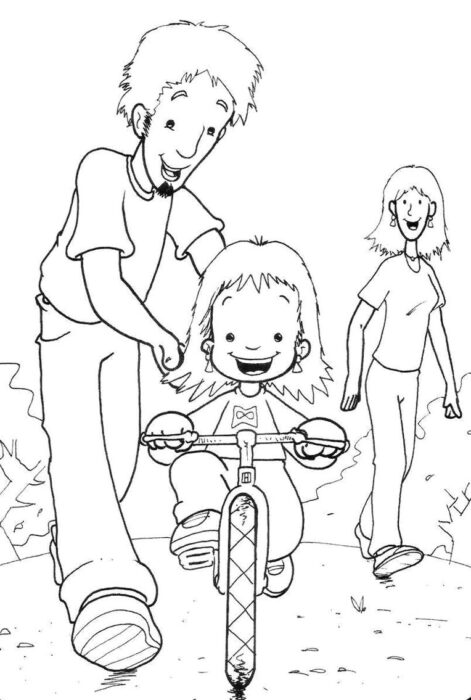 Dia dos Pais: Criança aprendendo a andar de bicicleta com o pai. Desenho para colorir.