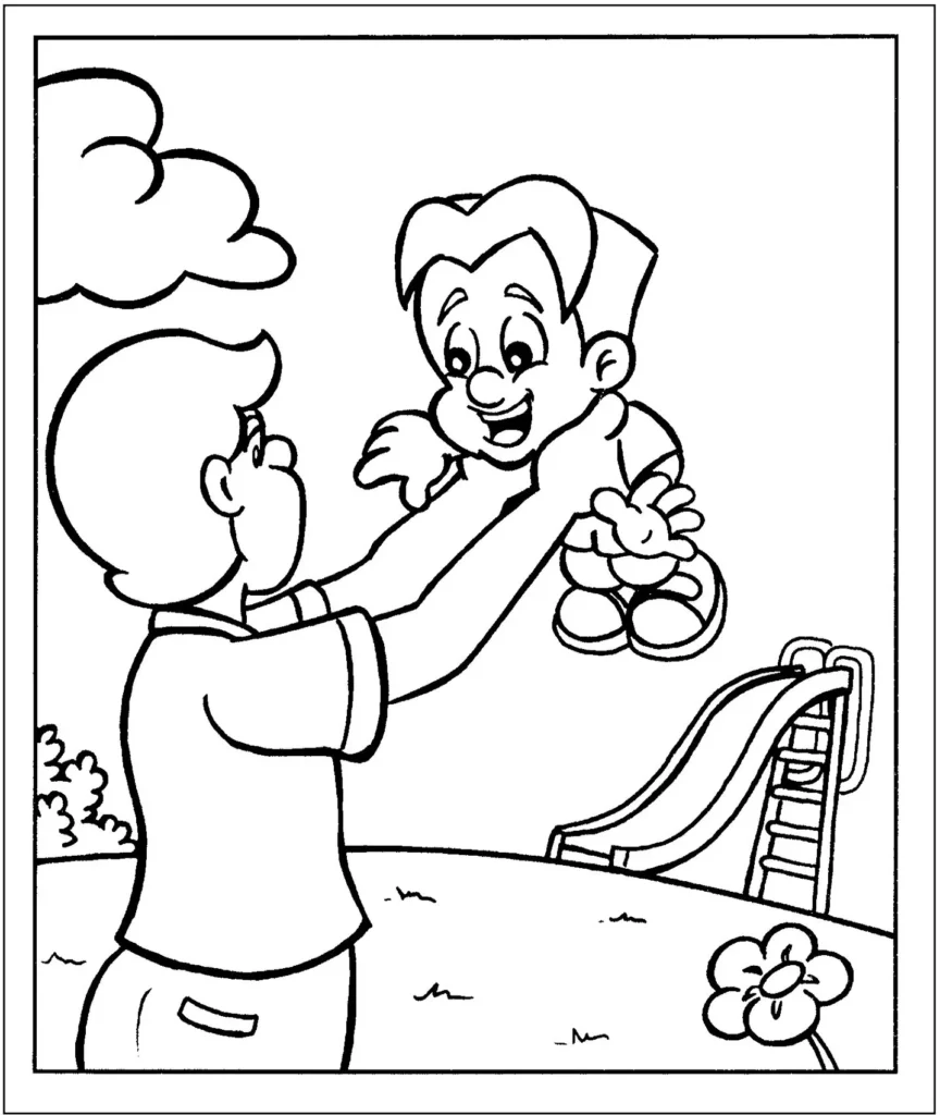 Desenho Dia dos Pais para Colorir: Papai Brincando com Filho ao Ar Livre