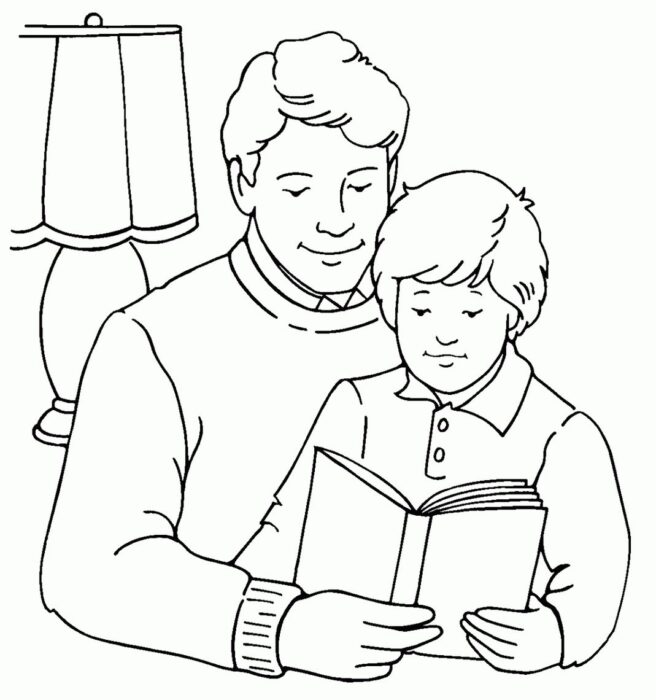 Pai e filho lendo juntos: Desenho do Dia dos Pais para colorir. Histórias do Papai.
