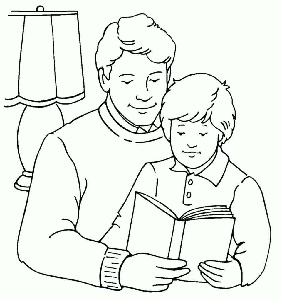 Pai e filho lendo juntos: Desenho do Dia dos Pais para colorir. Histórias do Papai.