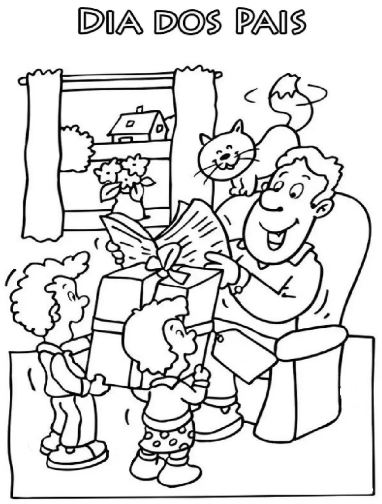 Desenho Dia dos Pais: Papai lendo jornal na poltrona com filhos e presentes.