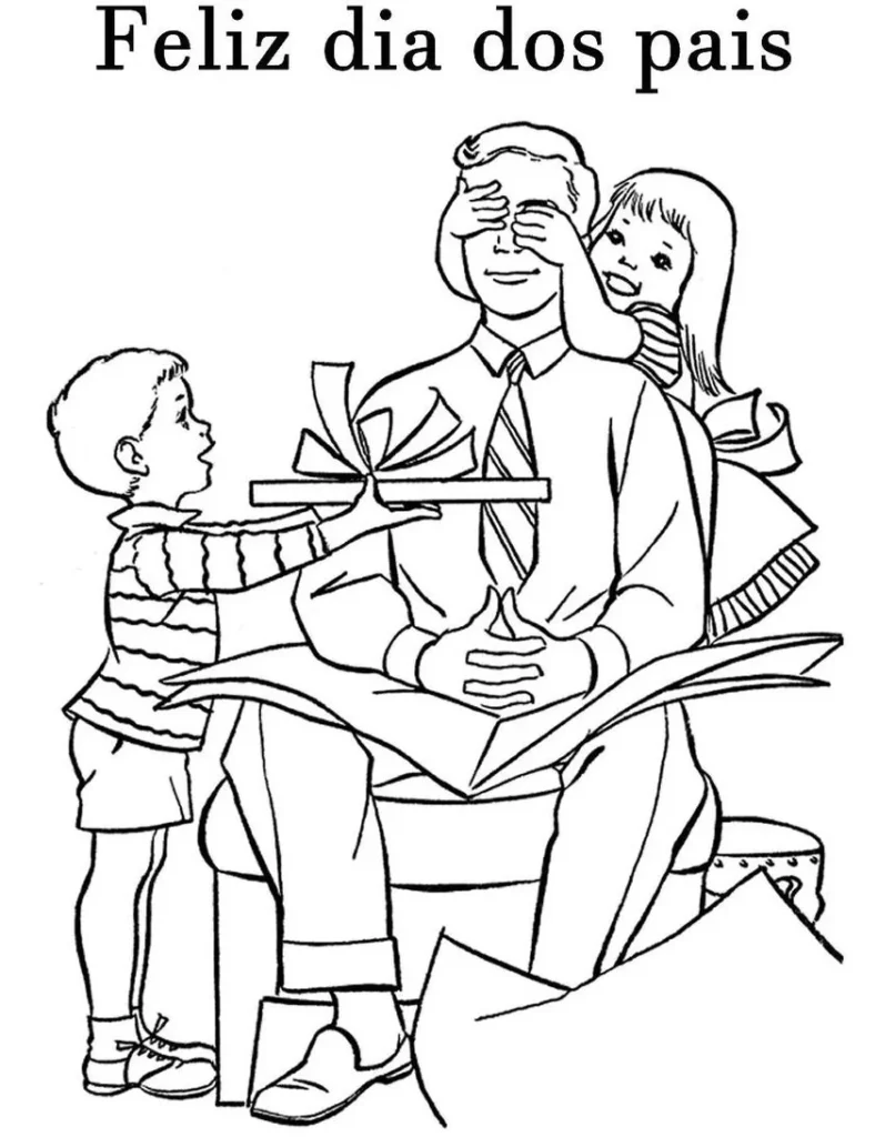 Desenho Dia dos Pais: Surpresa emocionante para o papai! Filhos celebram com presente e carinho.
