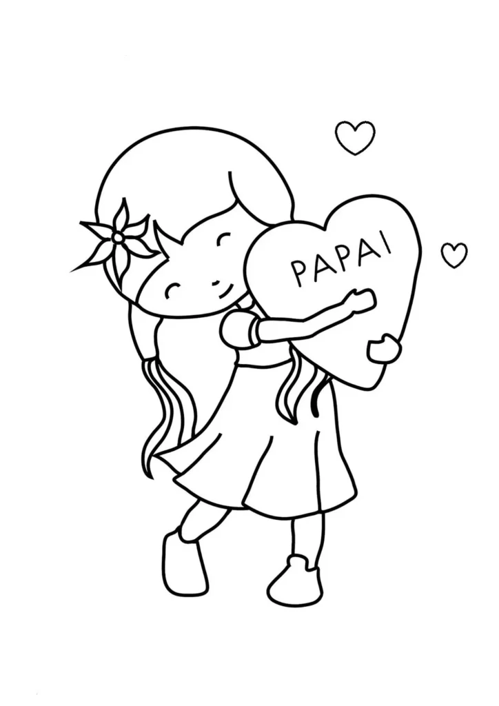 Desenho Dia dos Pais: Menina abraça coração escrito 'PAPAI' para colorir. Demonstração de amor e carinho filial.