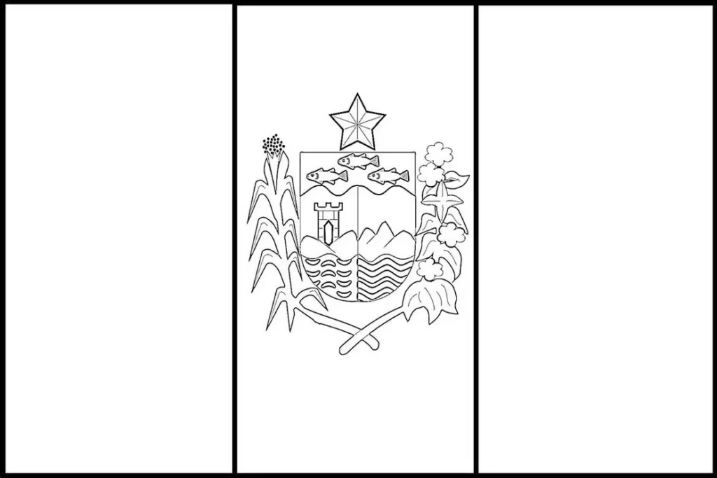 Bandeira de Alagoas para colorir. Desenho da bandeira alagoana com faixas verticais e o brasão do estado, ideal para atividades artísticas e educativas.