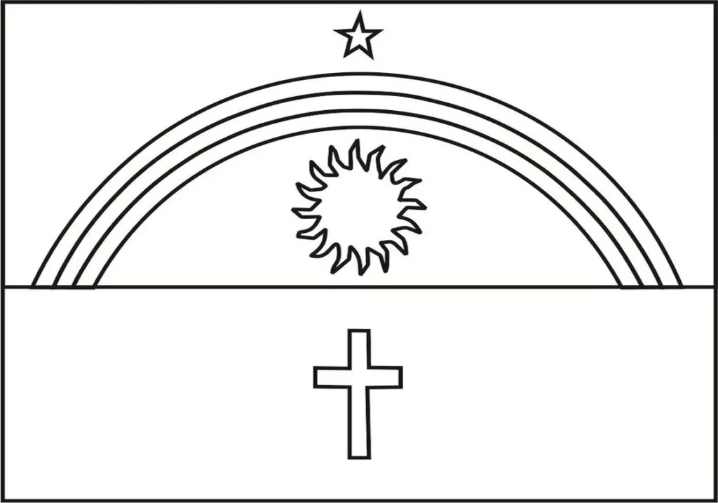 Bandeira de Pernambuco para colorir: desenho do estado brasileiro com arco-íris, sol, estrela e cruz.