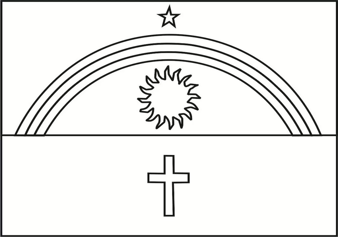 Bandeira de Pernambuco para colorir: desenho do estado brasileiro com arco-íris, sol, estrela e cruz.