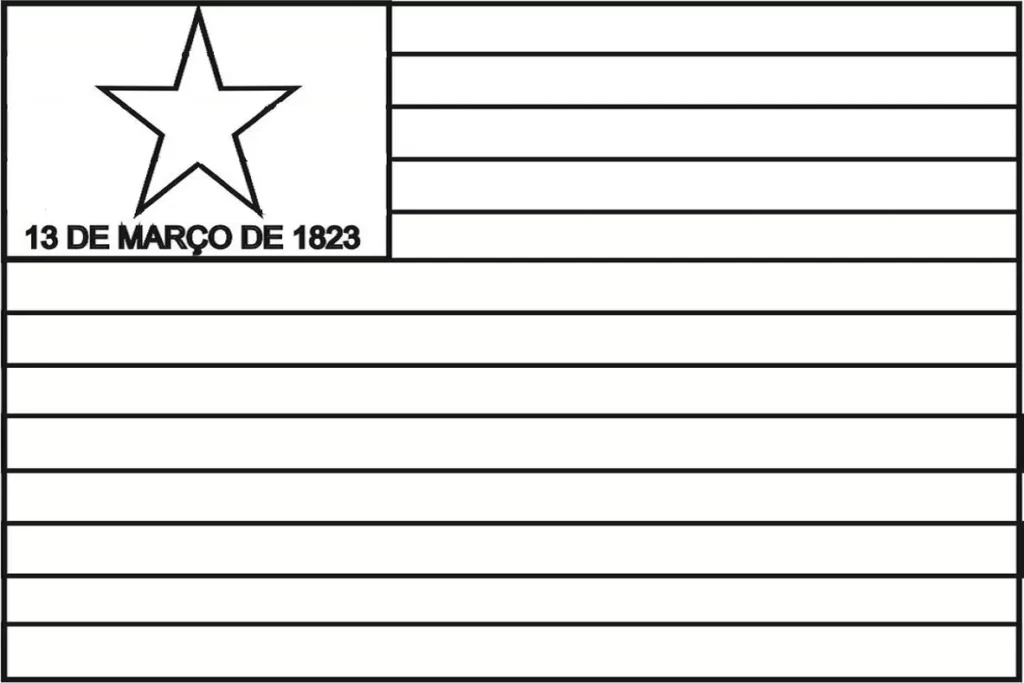 Desenho da bandeira do Piauí para colorir. A bandeira possui treze listras e uma estrela em um retângulo no canto superior esquerdo, com a inscrição '13 DE MARÇO DE 1823'.