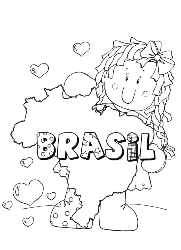 Desenho para colorir da Independência do Brasil: mapa do Brasil com boneca, corações e a palavra 'BRASIL'. Ideal para atividades educativas e celebrações patrióticas.