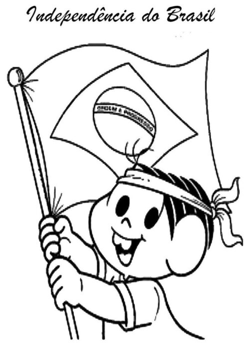 Desenho para colorir da Independência do Brasil: Menino sorrindo segurando a bandeira nacional. Imagem em preto e branco para atividades educativas e celebrar o Brasil livre.
