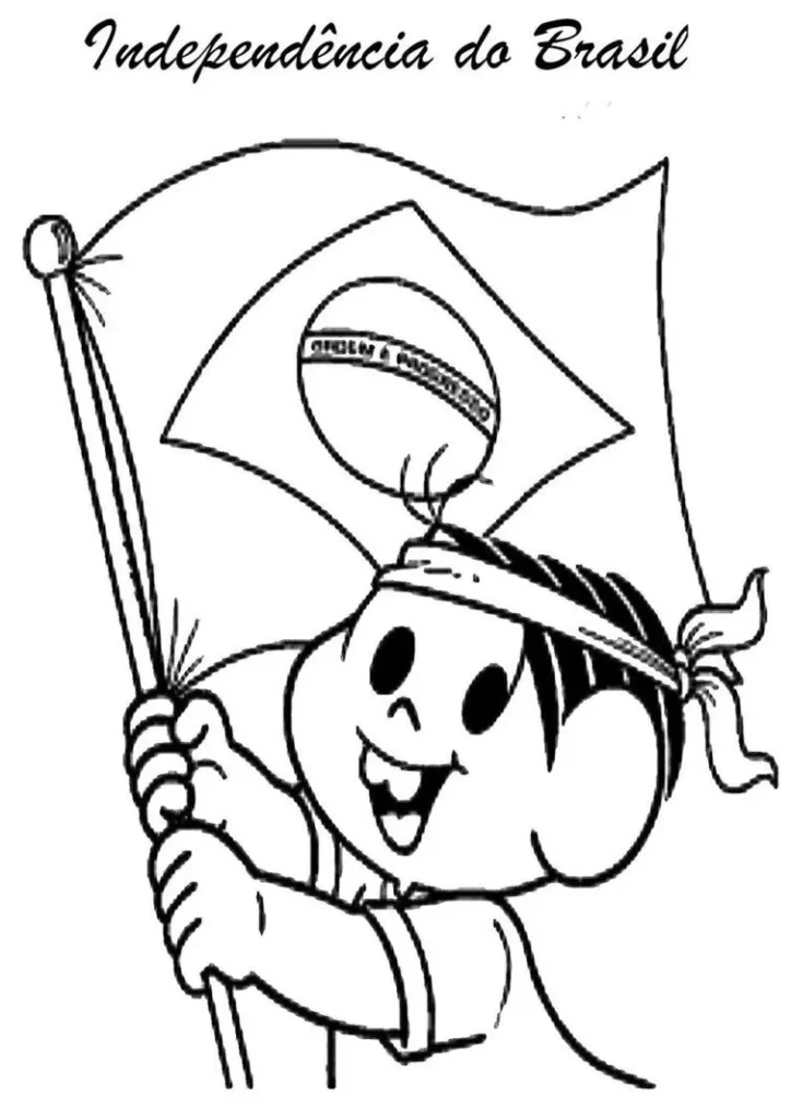 Desenho para colorir da Independência do Brasil: Menino sorrindo segurando a bandeira nacional. Imagem em preto e branco para atividades educativas e celebrar o Brasil livre.