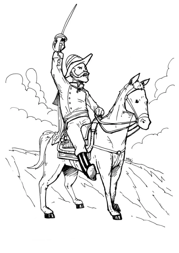 Desenho para colorir da Independência do Brasil: Dom Pedro I a cavalo proclamando 'Independência ou Morte!'