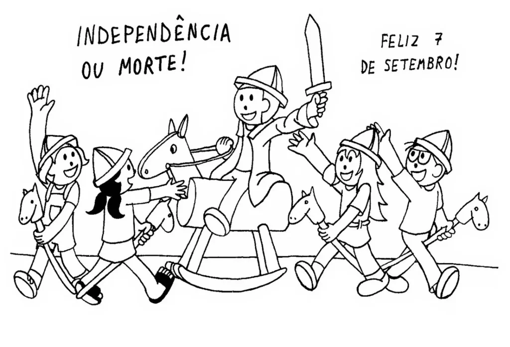 Desenhos para colorir Independência do Brasil: Crianças celebram o 7 de setembro com cavalos de pau e a frase 'Independência ou Morte!'