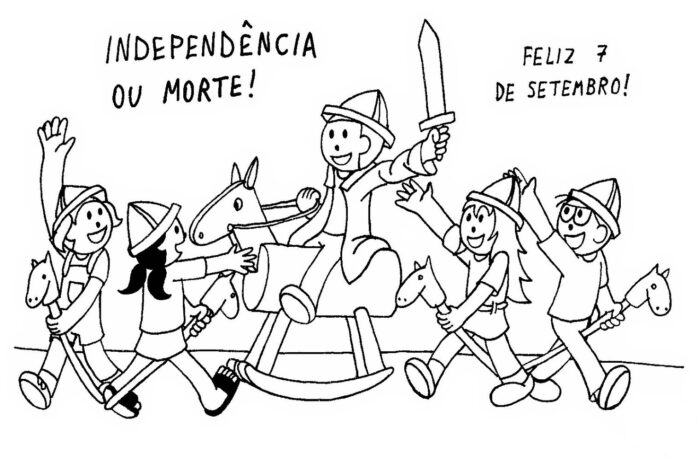 Desenhos para colorir Independência do Brasil: Crianças celebram o 7 de setembro com cavalos de pau e a frase 'Independência ou Morte!'