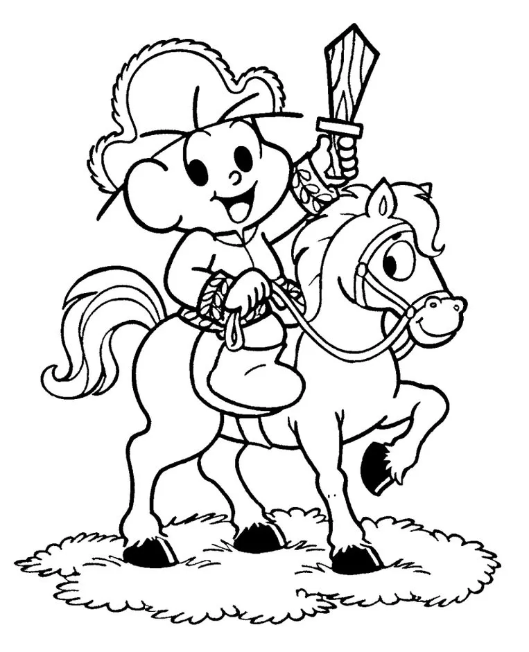 Desenho para colorir Independência do Brasil: Personagem a cavalo com espada, ideal para atividades patrióticas e educativas