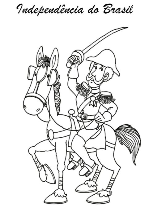 Desenho para colorir da Independência do Brasil: Pedro Álvares Cabral a cavalo brandindo espada. Atividade educativa e criativa sobre a história do Brasil.