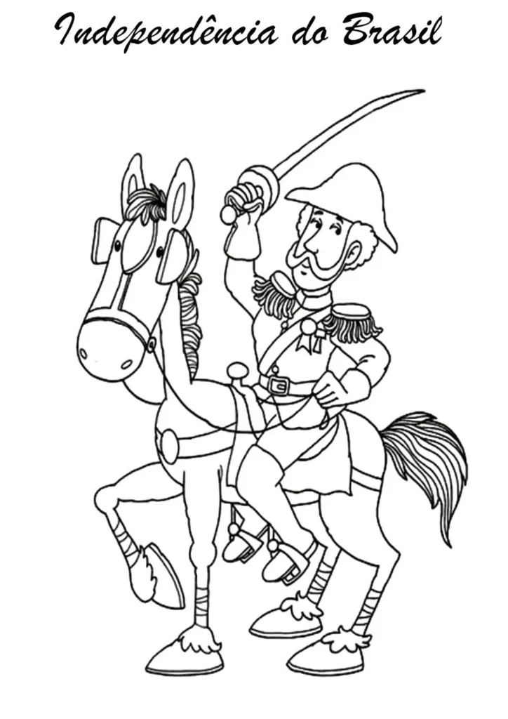 Desenho para colorir da Independência do Brasil: Pedro Álvares Cabral a cavalo brandindo espada. Atividade educativa e criativa sobre a história do Brasil.