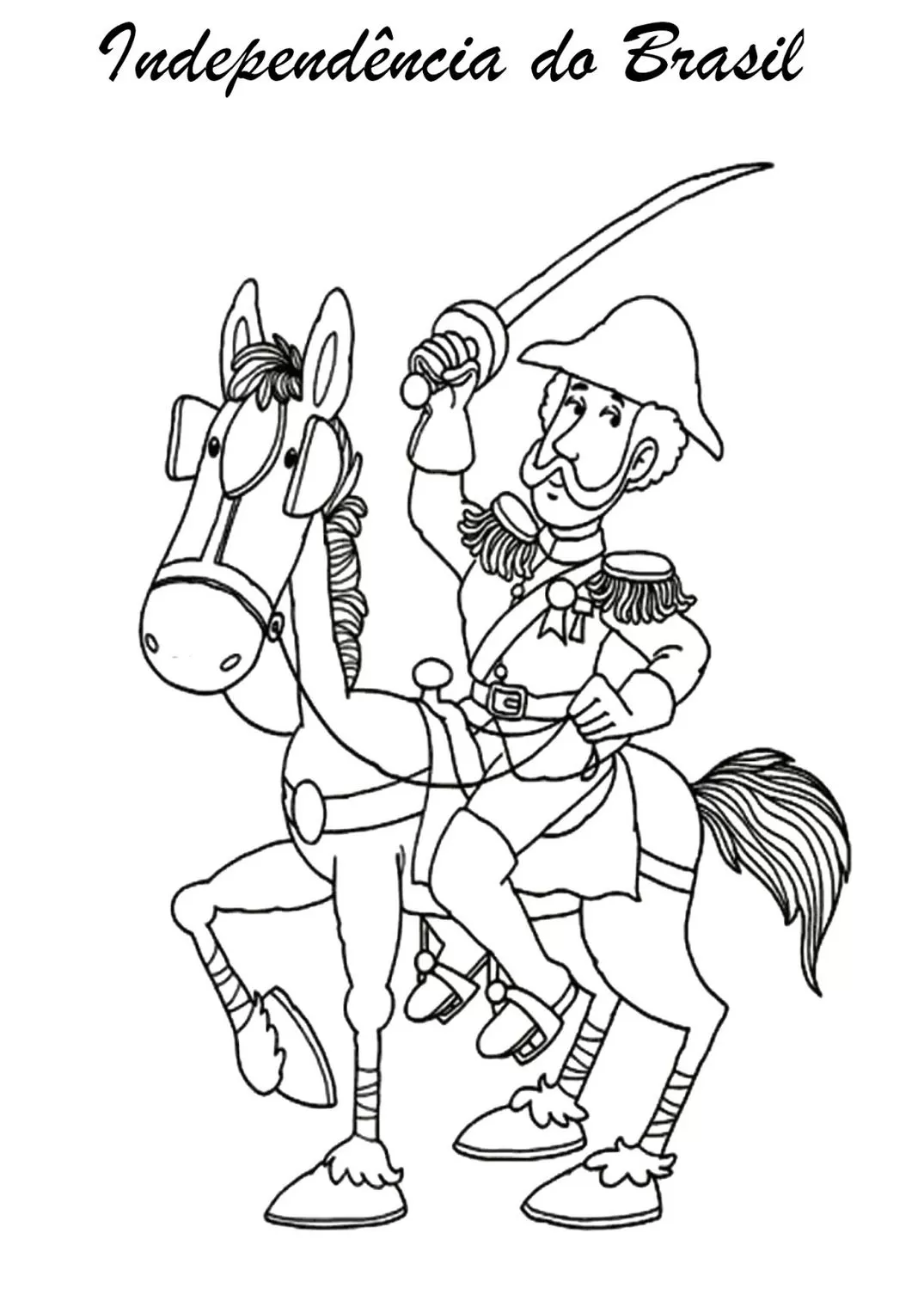 Desenho para colorir da Independência do Brasil: Pedro Álvares Cabral a cavalo brandindo espada. Atividade educativa e criativa sobre a história do Brasil.