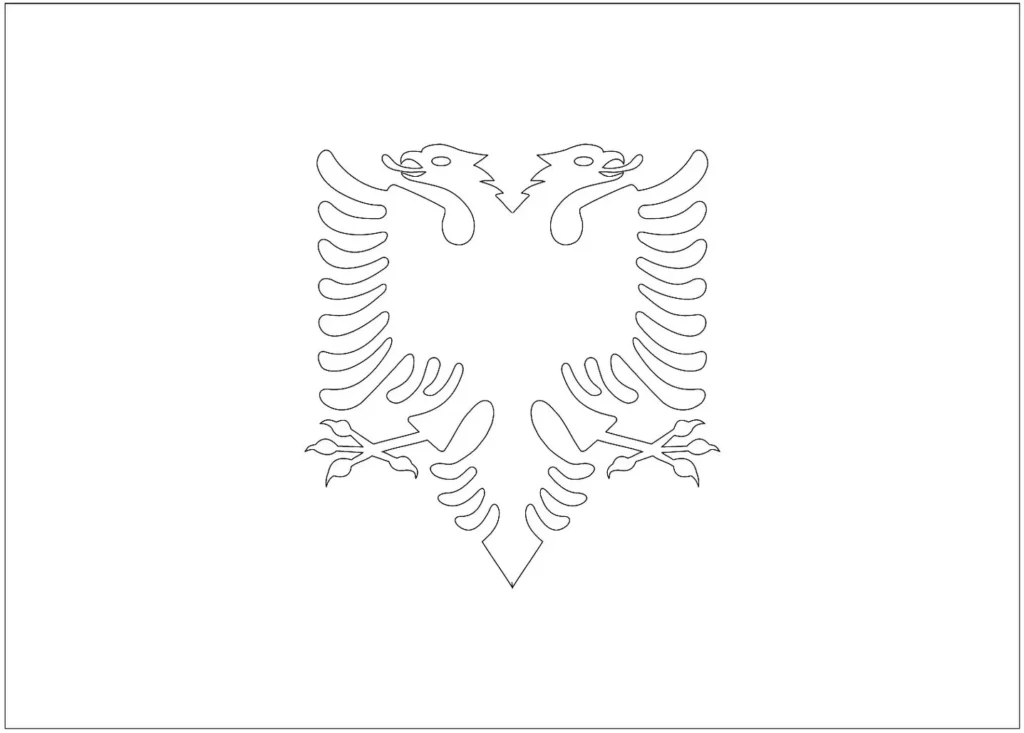 Bandeira da Albânia na letra A: Águia bicéfala em fundo branco. Desenho detalhado da bandeira albanesa para fins educacionais e de representação nacional.