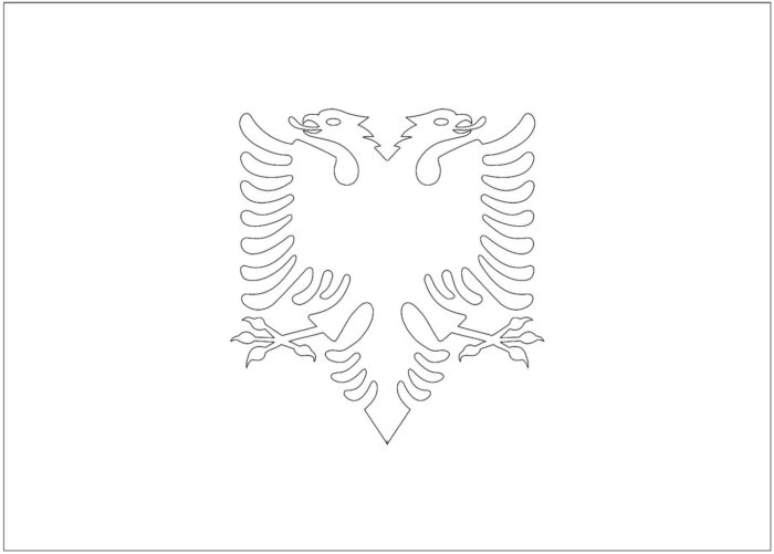 Bandeira da Albânia na letra A: Águia bicéfala em fundo branco. Desenho detalhado da bandeira albanesa para fins educacionais e de representação nacional.