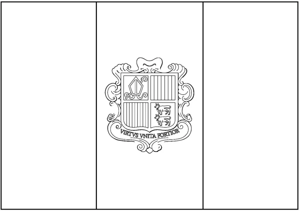 Bandeira de Andorra: Desenho da bandeira andorrana na letra A. Listras verticais com brasão de armas no centro.