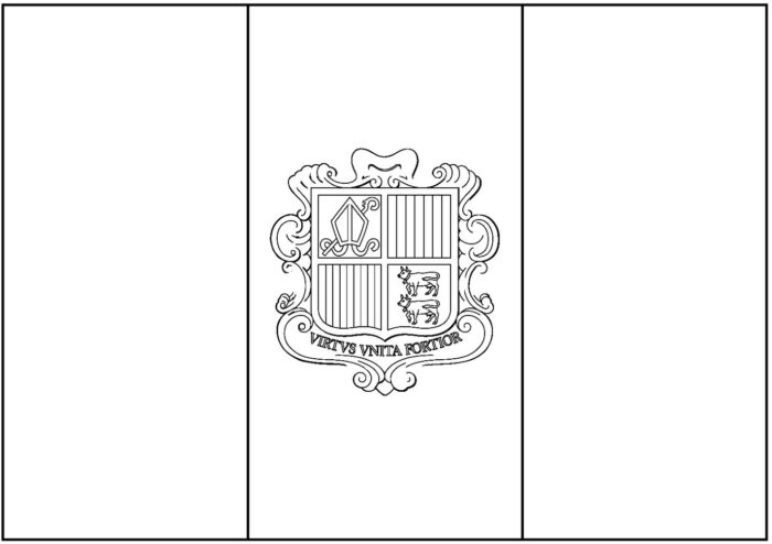 Bandeira de Andorra: Desenho da bandeira andorrana na letra A. Listras verticais com brasão de armas no centro.