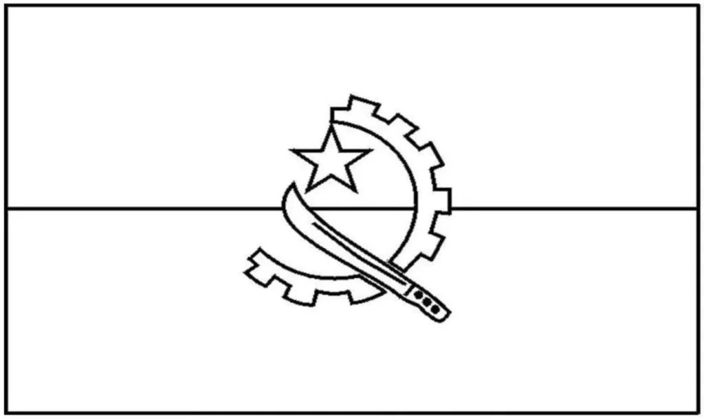Bandeira de Angola para colorir, representando o país com suas cores e símbolos em desenho monocromático. Ideal para atividades educativas e artísticas.