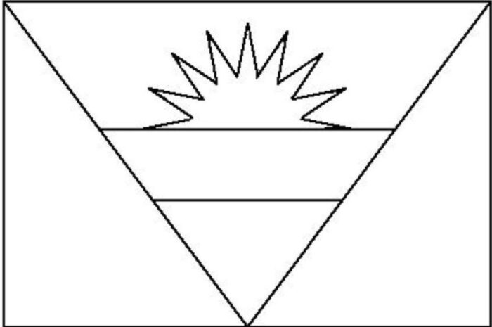 Bandeira de Antígua e Barbuda desenhada na letra A. Design para colorir.