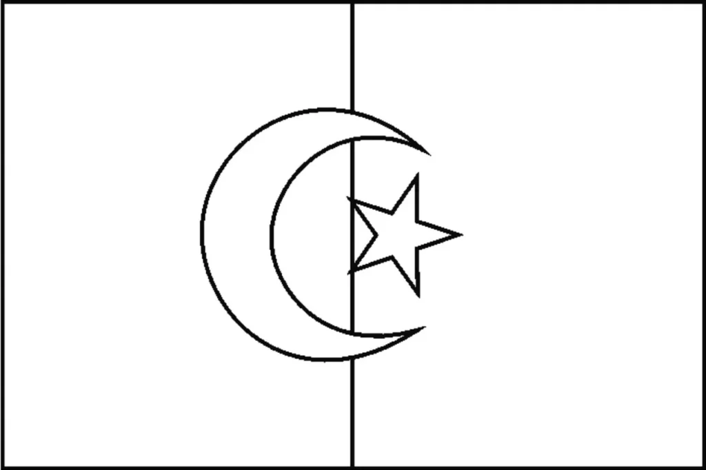 Bandeira da Argélia na letra A. Listras vertical, branca e outra sem preenchimento, com lua crescente e estrela vermelhas.