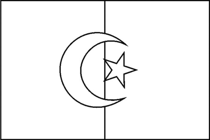 Bandeira da Argélia na letra A. Listras vertical, branca e outra sem preenchimento, com lua crescente e estrela vermelhas.