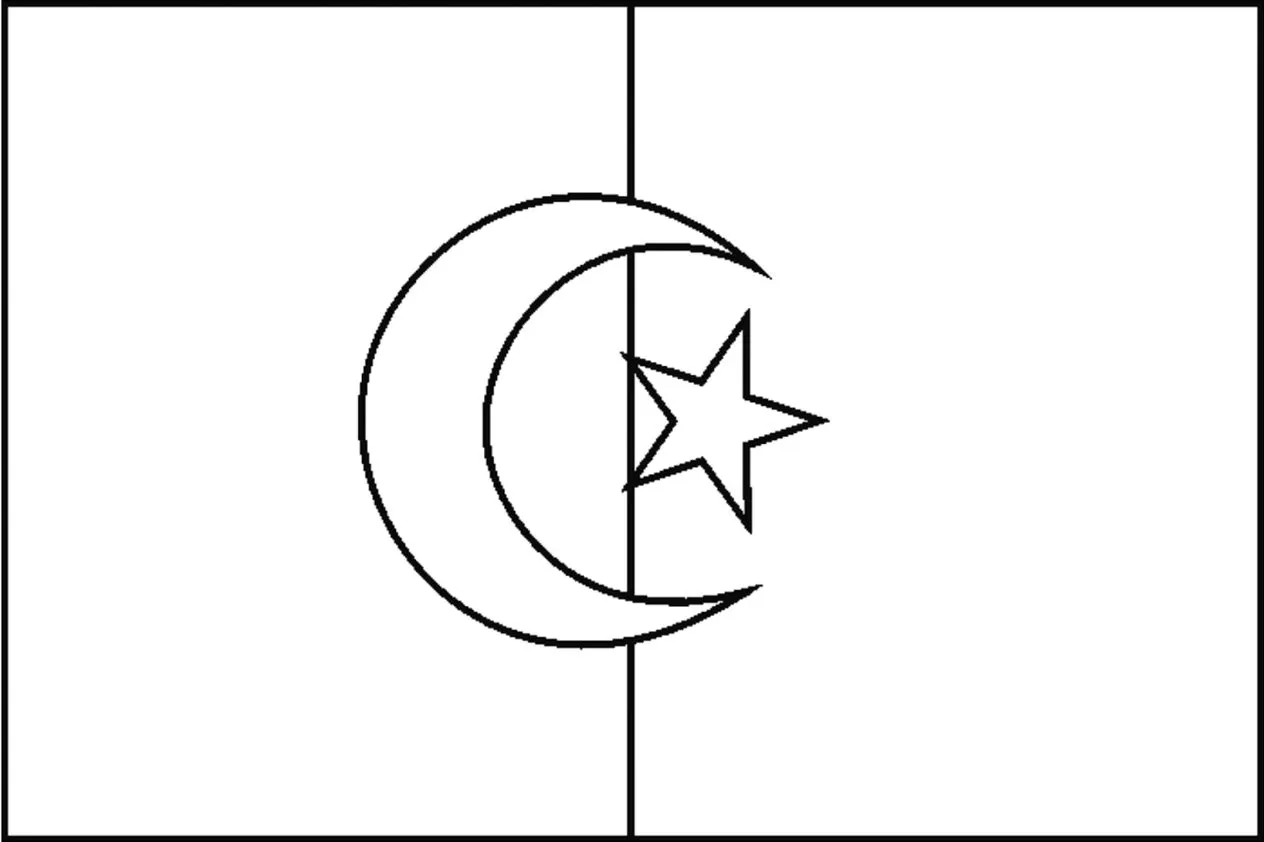 Bandeira da Argélia na letra A. Listras vertical, branca e outra sem preenchimento, com lua crescente e estrela vermelhas.
