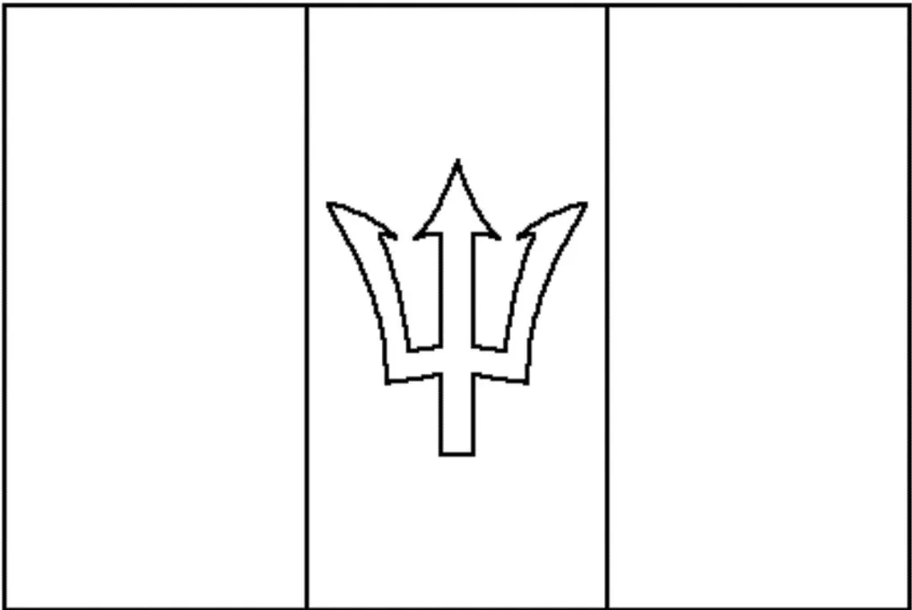 Bandeira de Barbados: símbolo nacional com tridente negro em faixa dourada entre campos azuis.