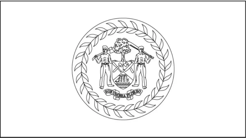 Bandeira de Belize dentro da letra B: brasão com homens, ferramentas e lema 'SUB UMBRA FLOREO'.