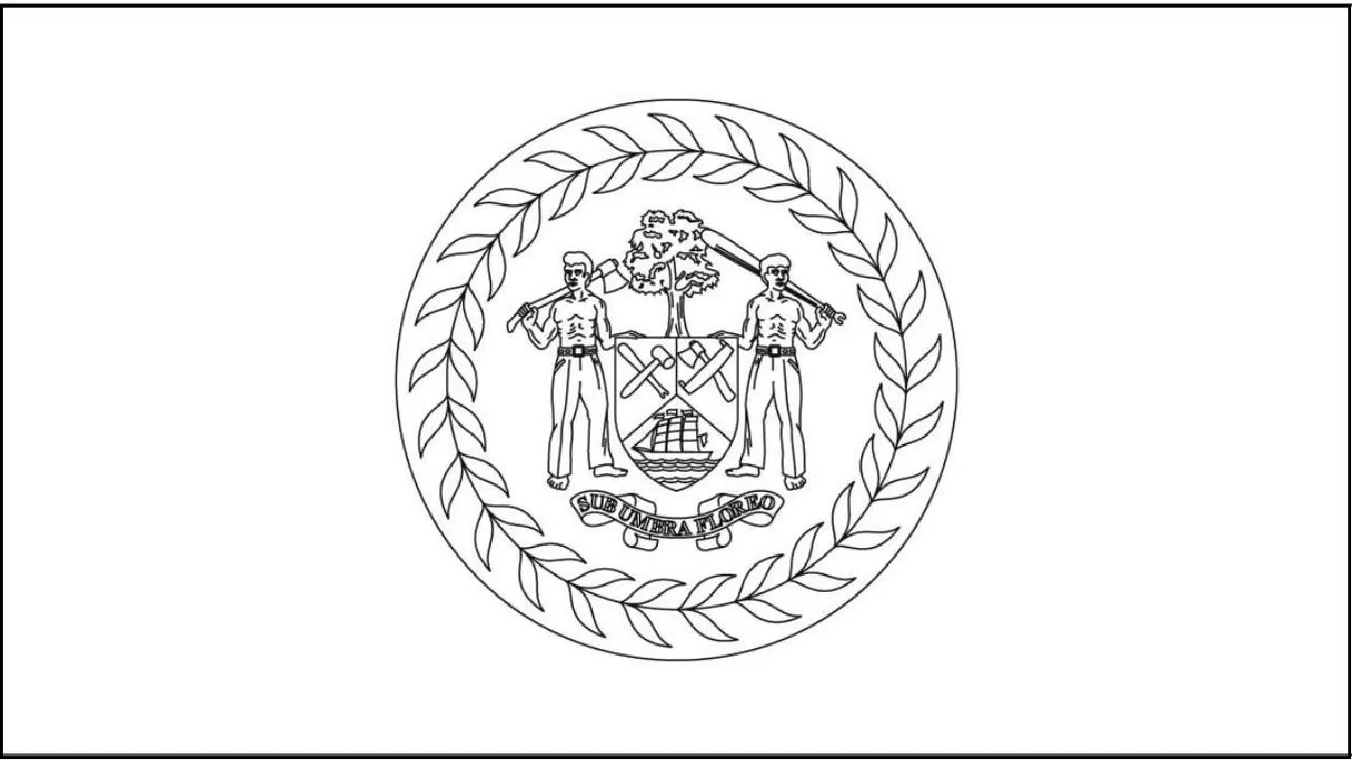Bandeira de Belize dentro da letra B: brasão com homens, ferramentas e lema 'SUB UMBRA FLOREO'.