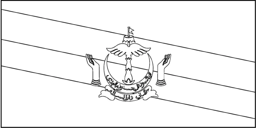 Bandeira do Brunei em desenho. Veja o emblema nacional com a lua crescente e o guarda-chuva real.