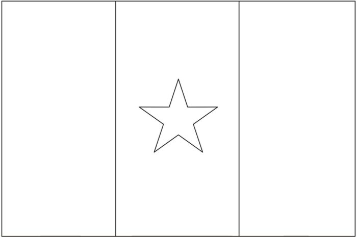 Bandeira dos Camarões dentro da letra C. Listras verde, vermelha com estrela amarela e amarela.