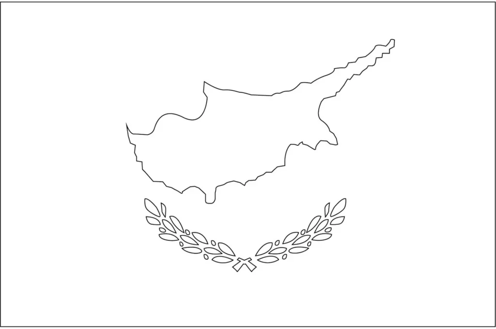 Bandeira de Chipre: mapa da ilha em destaque sobre fundo branco com ramos de oliveira.
