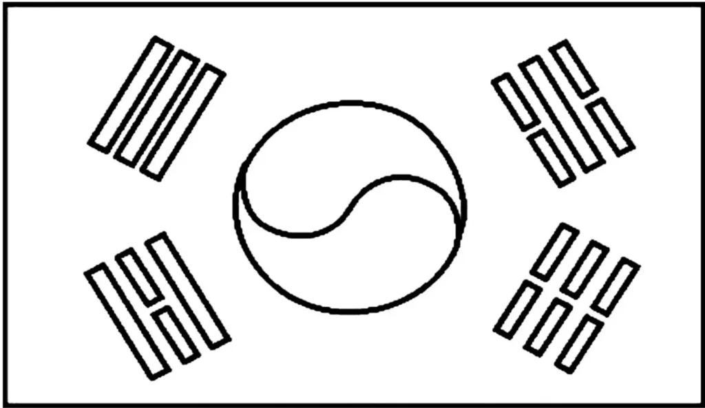 Bandeira da Coreia do Sul (Taegeukgi) desenhada na letra C. Símbolo de equilíbrio em fundo branco com barras pretas nos cantos.