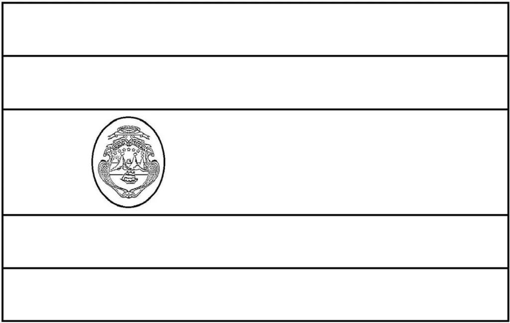 Bandeira da Costa Rica para colorir: cinco faixas horizontais azul, branca e vermelha com o brasão no lado esquerdo.