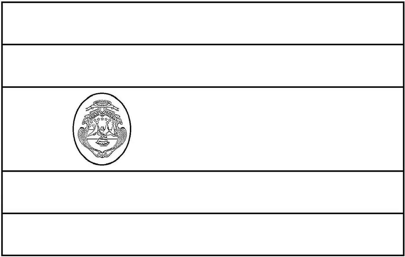 Bandeira da Costa Rica para colorir: cinco faixas horizontais azul, branca e vermelha com o brasão no lado esquerdo.