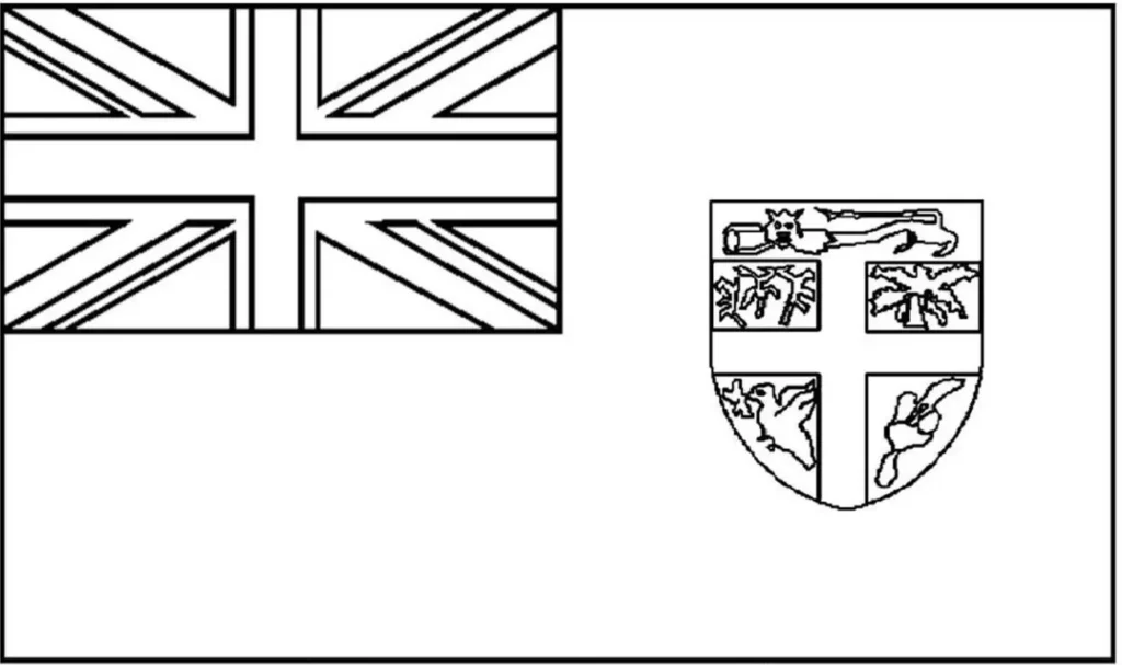 Desenhos das Bandeiras dos Países na letra F Figi Bandeira de Fiji na letra F: Descrição do desenho com elementos do Reino Unido e escudo com símbolos nacionais.