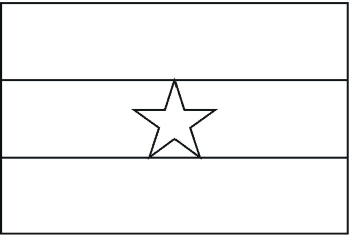 Bandeira de Gana para colorir na letra G. Desenho da bandeira Ganesa com faixas horizontais e estrela.