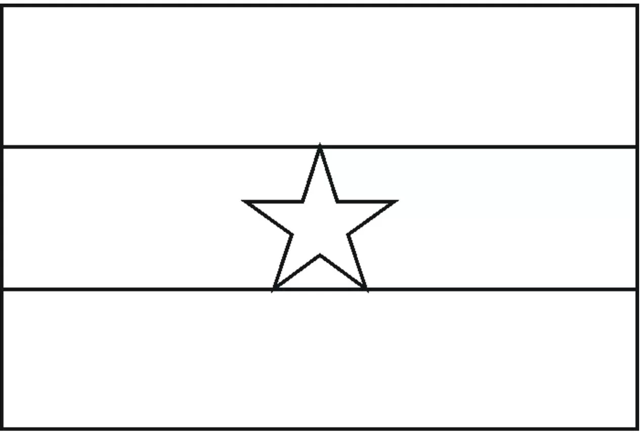 Bandeira de Gana para colorir na letra G. Desenho da bandeira Ganesa com faixas horizontais e estrela.