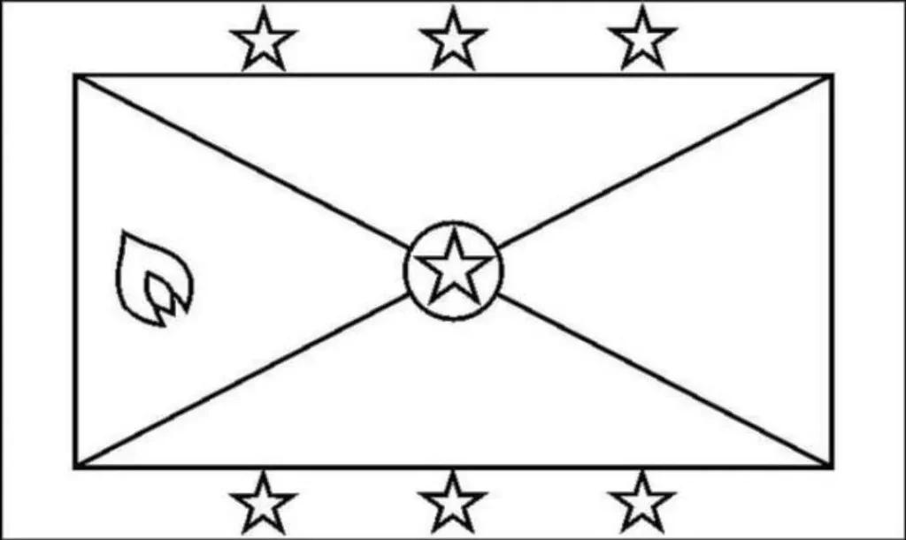 Bandeira de Granada na letra G: retângulo com diagonais, estrela central, chama e estrelas nas bordas.