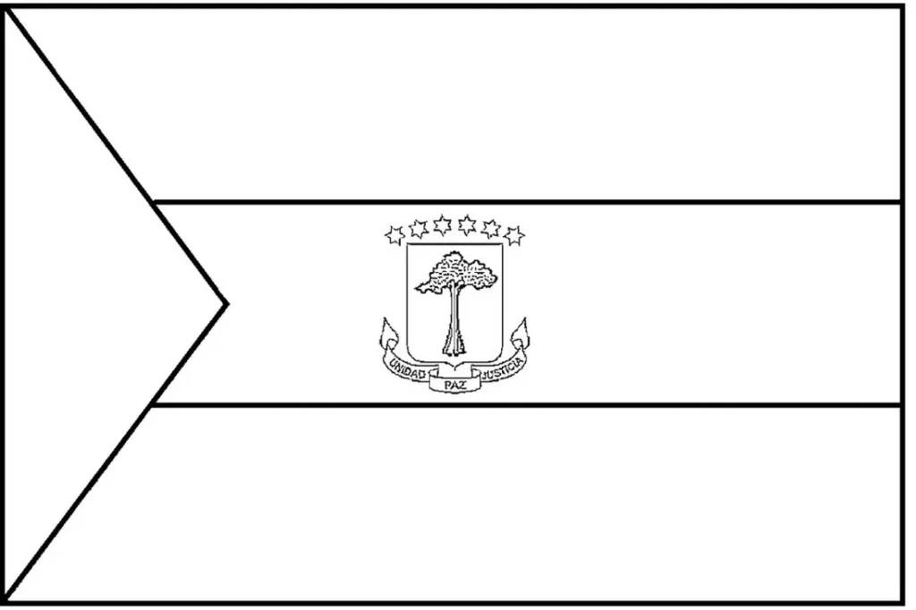 Bandeira da Guiné Equatorial: Três faixas horizontais e triângulo com brasão contendo árvore, estrelas e lema 'Unidad, Paz, Justicia'.