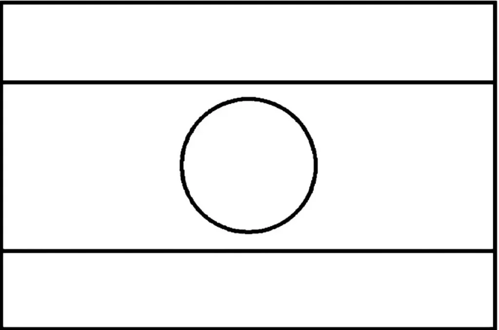 Bandeira do Laos: Três faixas horizontais com um círculo no centro da faixa central, mais larga.