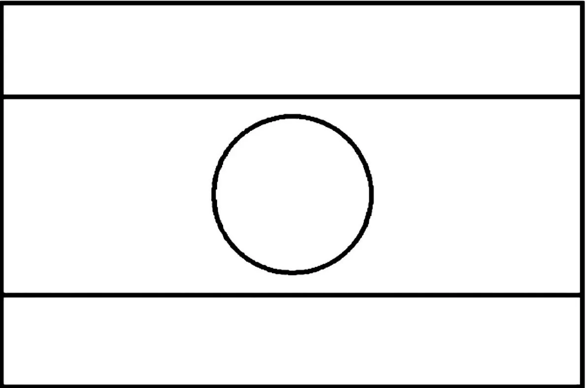 Bandeira do Laos: Três faixas horizontais com um círculo no centro da faixa central, mais larga.