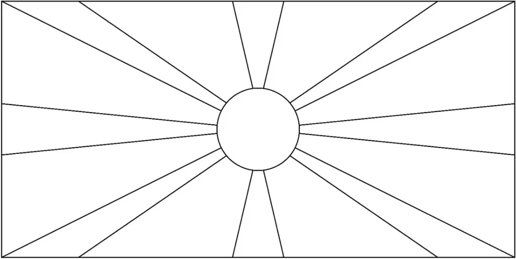 Bandeira da Macedônia do Norte inserida na letra M. Design com círculo central e raios amarelos em fundo vermelho.