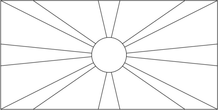 Bandeira da Macedônia do Norte inserida na letra M. Design com círculo central e raios amarelos em fundo vermelho.