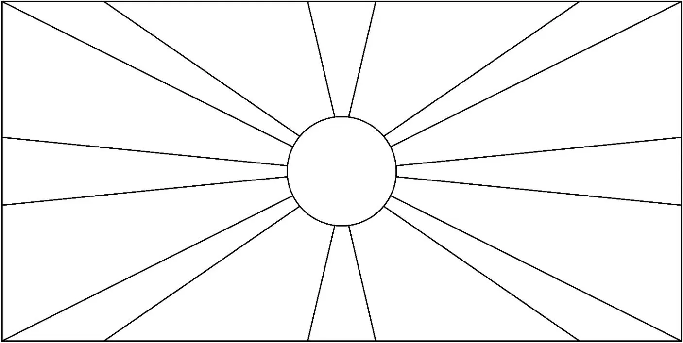 Bandeira da Macedônia do Norte inserida na letra M. Design com círculo central e raios amarelos em fundo vermelho.