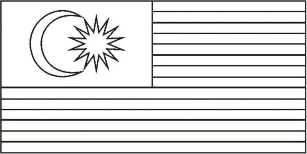 Bandeira da Malásia para colorir, exibindo lua crescente e estrela de 14 pontas sobre listras horizontais.
